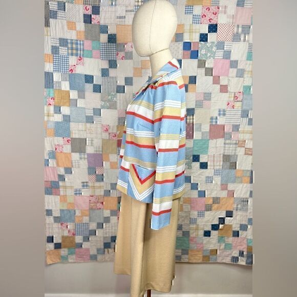 Late 1960’s Kay Windsor Sky Blue, Beige and Orange Poly Dress and Jacket Set - Picture 3 of 6